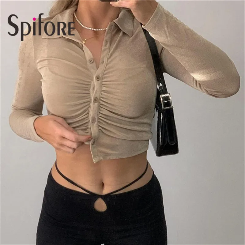 Spifore Ruched Turn-Down Collar Button Up Shirts Femme Long Sleeve Sexy Tops 2022 Fashion New Solid T Shirts Women