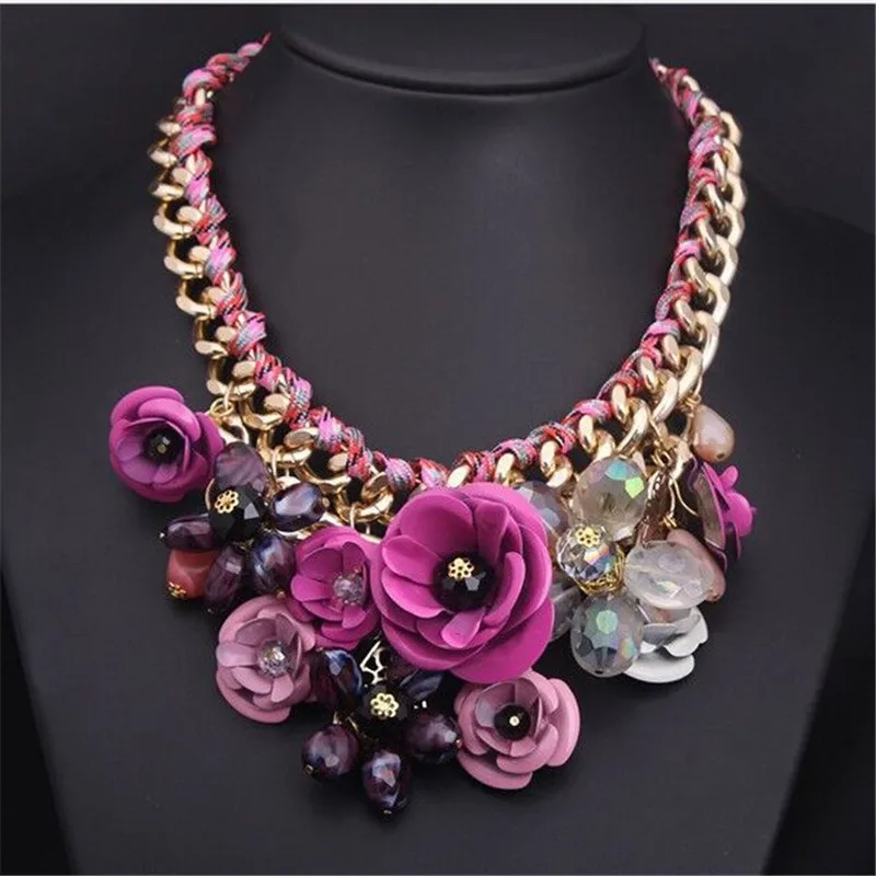 New Arrival Women exaggeration Flower Necklace Gem Pendant Rope Woven Necklace For Women Gift Ladies