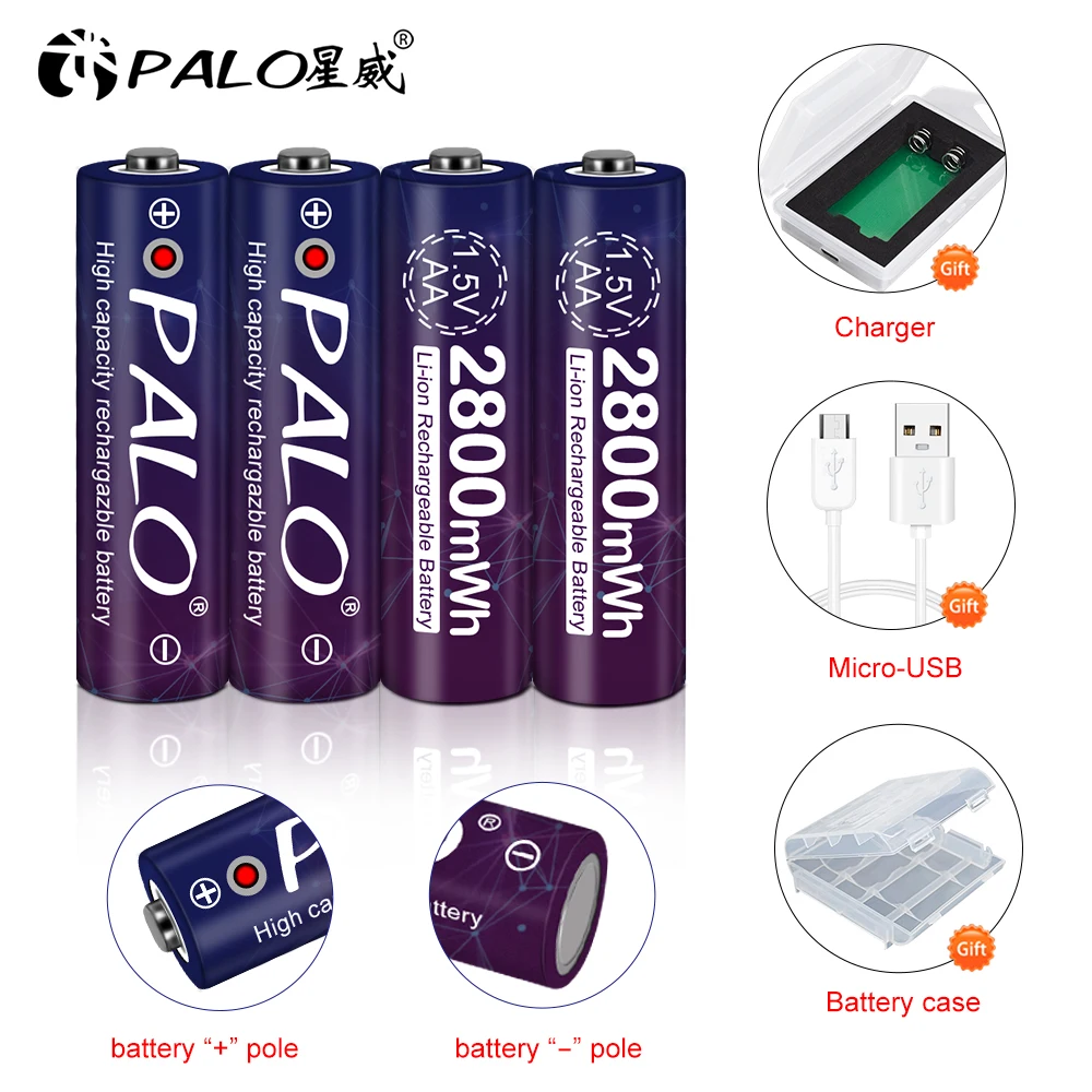 PALO AA 1.5V Li-ion Rechargeable Battery 2800mWh 1.5V Lithium AA Rechargeable Batteries 1.5v AA Battery for Remote Control Toy