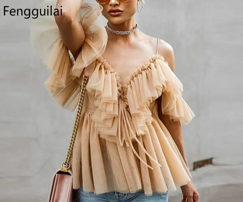 Sexy V Neck Off Shoulder Blouse Women Pleated Vintage Ruffle Mesh Blouse Shirt Casual Summer Sleeveless Top