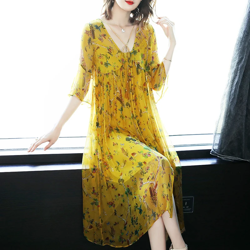 Silk Summer Dress Women Long Party Dress Beach Casual Clothes Elegant Ladies Print Floral Dresses Vestidos Verano LWL1549