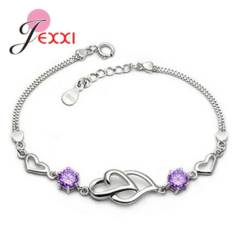 New Fashion Shiny CZ Bracelets For Girls 925 Sterling Silver Hearts Pendant Bracelet Bangles Adjustable Size Women Hand Chain