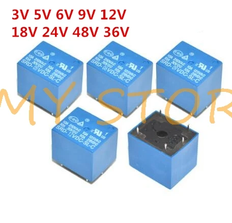 5Pcs Mini Module Power Relay SRD-5VDC-SL-C DC5V 3V 6V 9V 12V 18V 24V 48V 36VDC SPDT 5 Pins PCB Relay Blue 10A