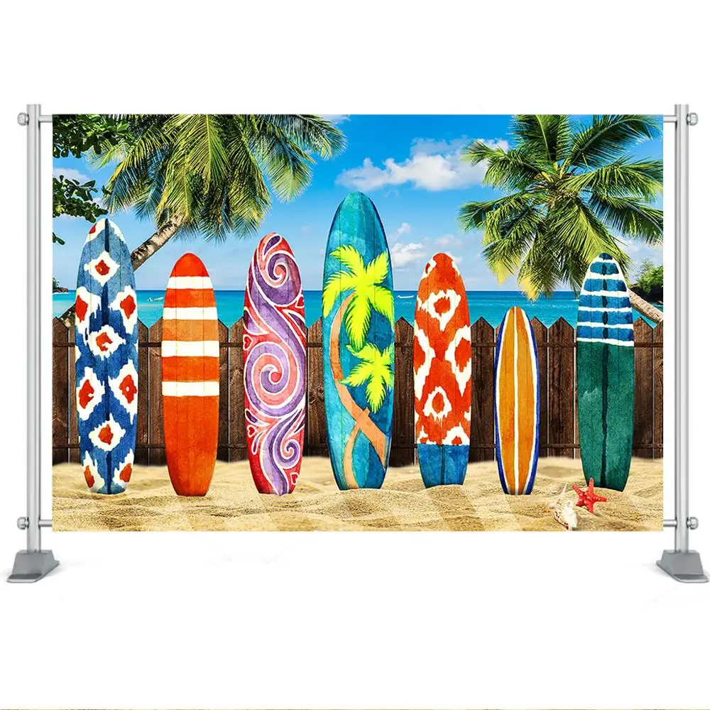 Fundo do surf tropical do verão, prancha de surf da praia da areia, fundo para a fotografia, Havaí, decoração do partido do aniversário, bandeira do evento