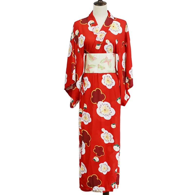 

Women's Kimono Robe Traditional Japan Yukata Red Color flowers Prints Summer Dress Performing Wear Cosplay Clothing