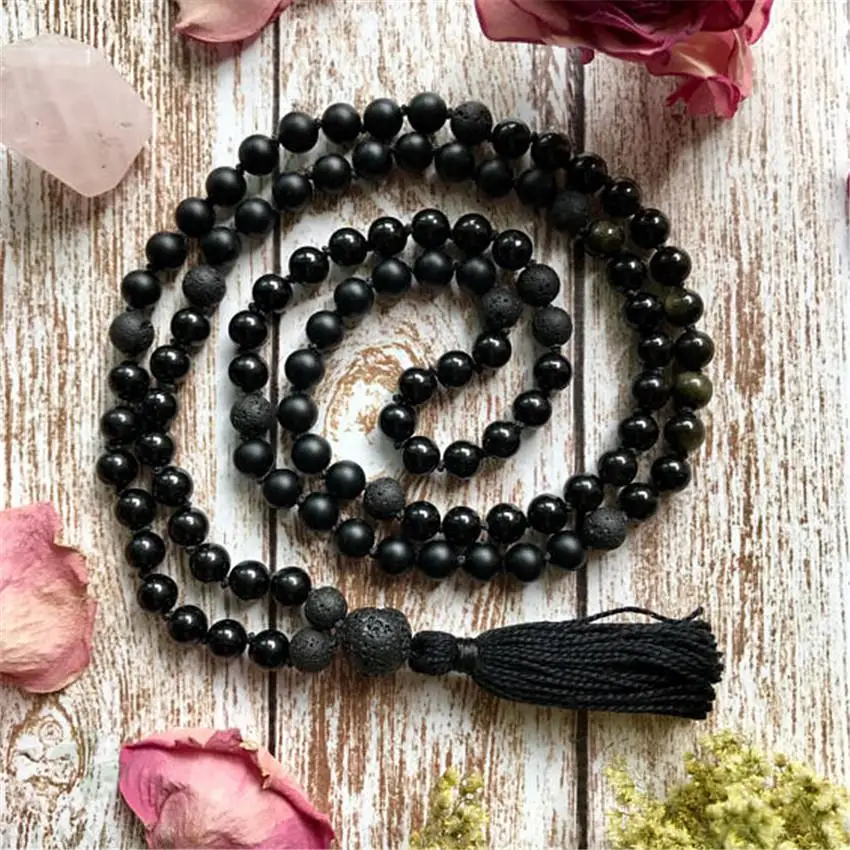 8mm obsidian Lava Gemstone Tassel necklace 108 Beads Men's Yoga Jewelry bracelet Women's Mala  Meditation Energy Necklace Chakra