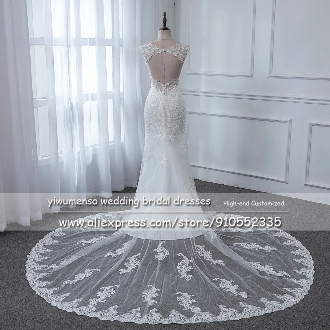 A47 V Neck Sexy Mermaid Wedding Dress With 50cm Long Train Lace Appliques Cap Sleeves White Bridal Gown Open Back Robe de Mariee