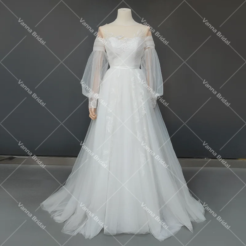 Off Schulter Tüll Hochzeit Kleid Floral Appliqued Boho Strand Bischof Ärmeln Plus Größe Gefaltete Illusion Foto-shooting Brautkleid