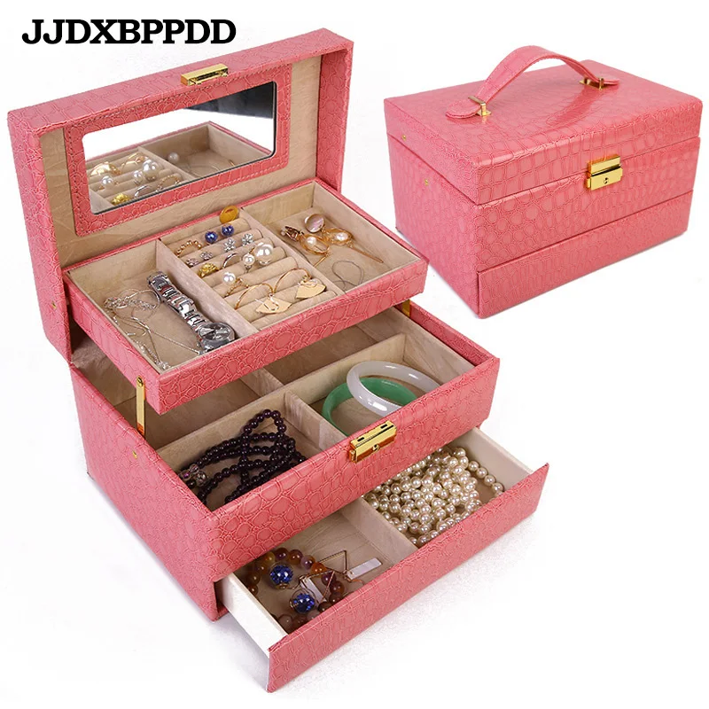 

Automatic Leather Jewelry Carrying Cases Three-layer Storage For Women Earring Ring Decoration Bijoux Cosmetic Organizer Casket