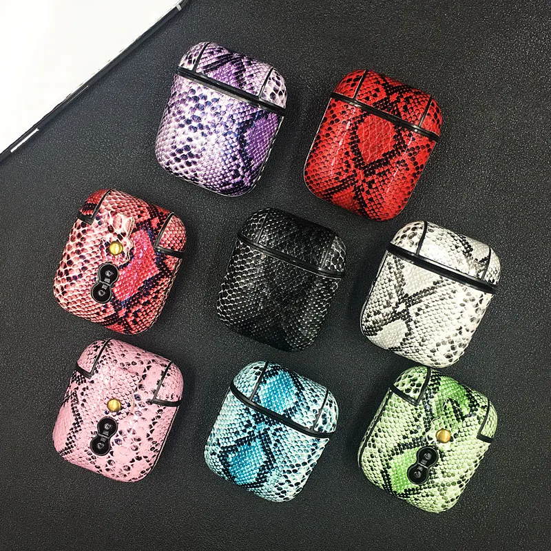 Snake Skin PU Leather Earphone Case For AirPods Bluetooth Wireless Shockproof Protective Cover For Air Pods 1&2 Charging Case