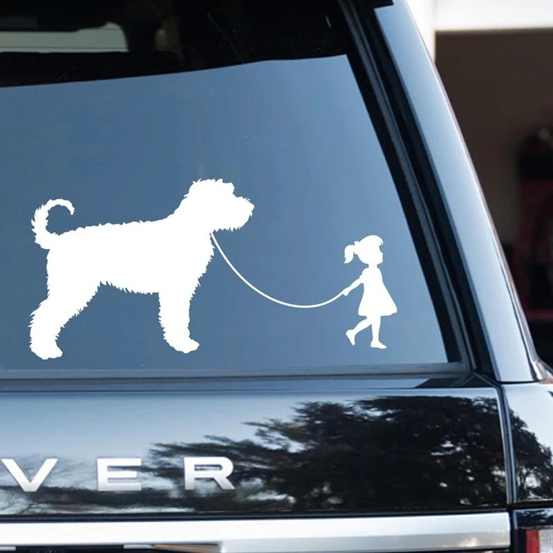 Little Girl Walking Labradoodle Goldendoodle Car Stickers Automotive Decals Shop Window Decoration waterproof dog Decal HQ196