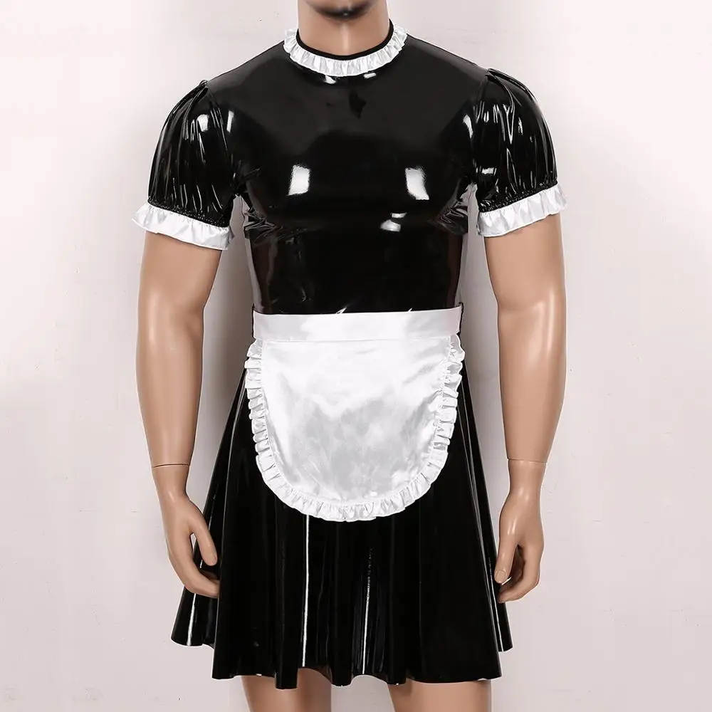 Mens Male Sissy Maid Dress Sexy Cosplay Costume Clubwear Puff Sleeve Wetlook Latex Maid Servant Uniform Flared Dress with Apron