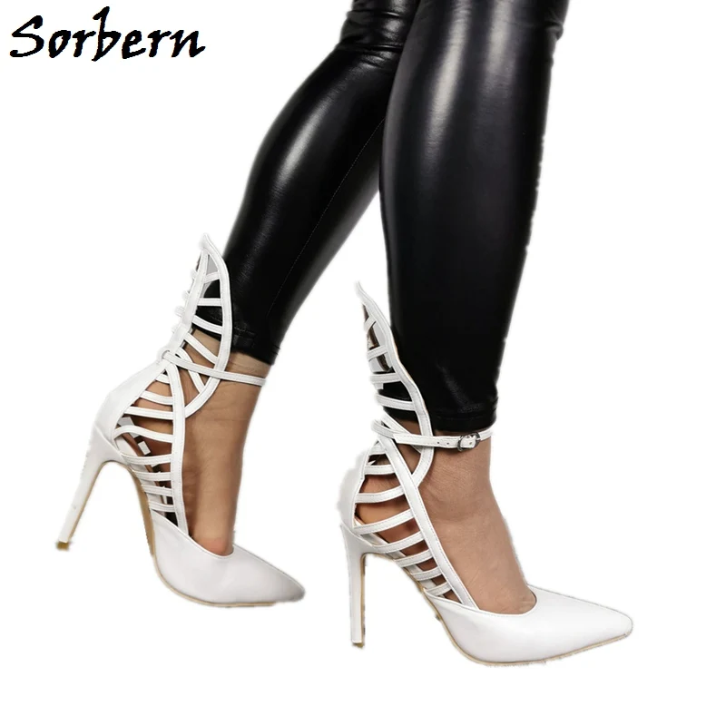 Sorbern Leaves Women Pumps Pointed Toe Ankle Strap Shoes Ladies High Heel Stilettos White Party Heel Bride Shoes