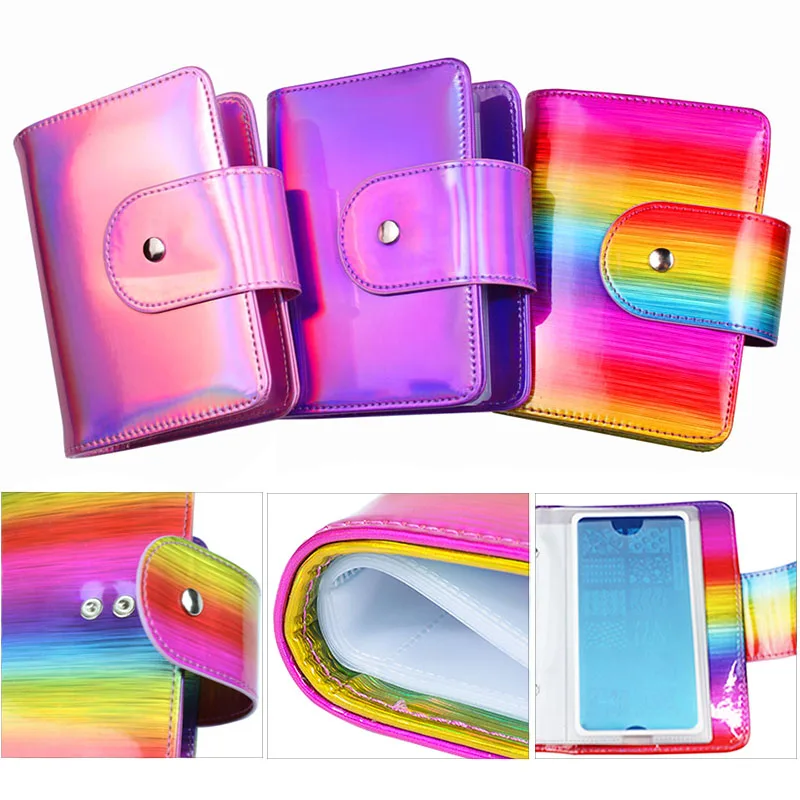 Finger Angel 20 Slots PU Nail Stamping Plates Case Rainbow/Purple/Pink 6X12cm Nail Template Organizer Storage Holder Bag#FJH16