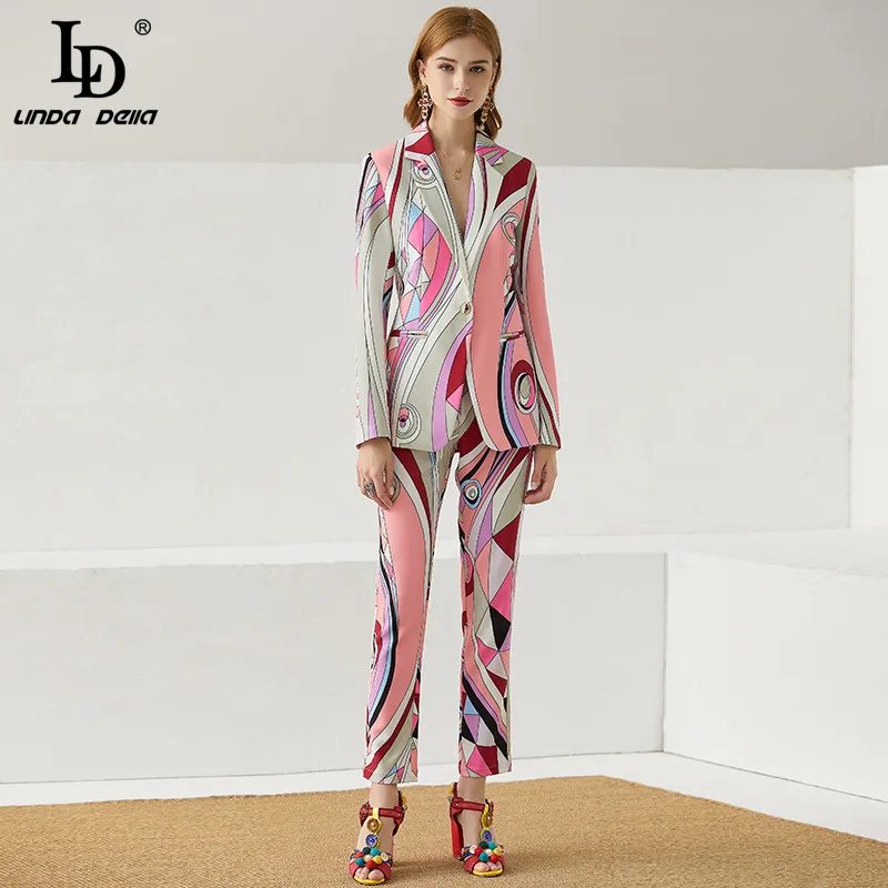 LD LINDA DELLA Designer Autumn Fashion 2 Piece Set Women's Print Single Button Long Jacket and Slim Full Length Pants Suits