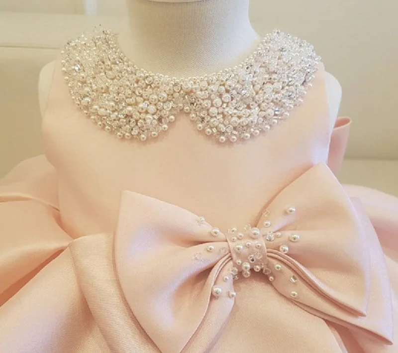 Baby Girl Princess Dress Pearl Collar Infant Toddler Girl Vintage Vestido Bow Costume Party Birthday Ball Gown Baby Clothes 1-7Y