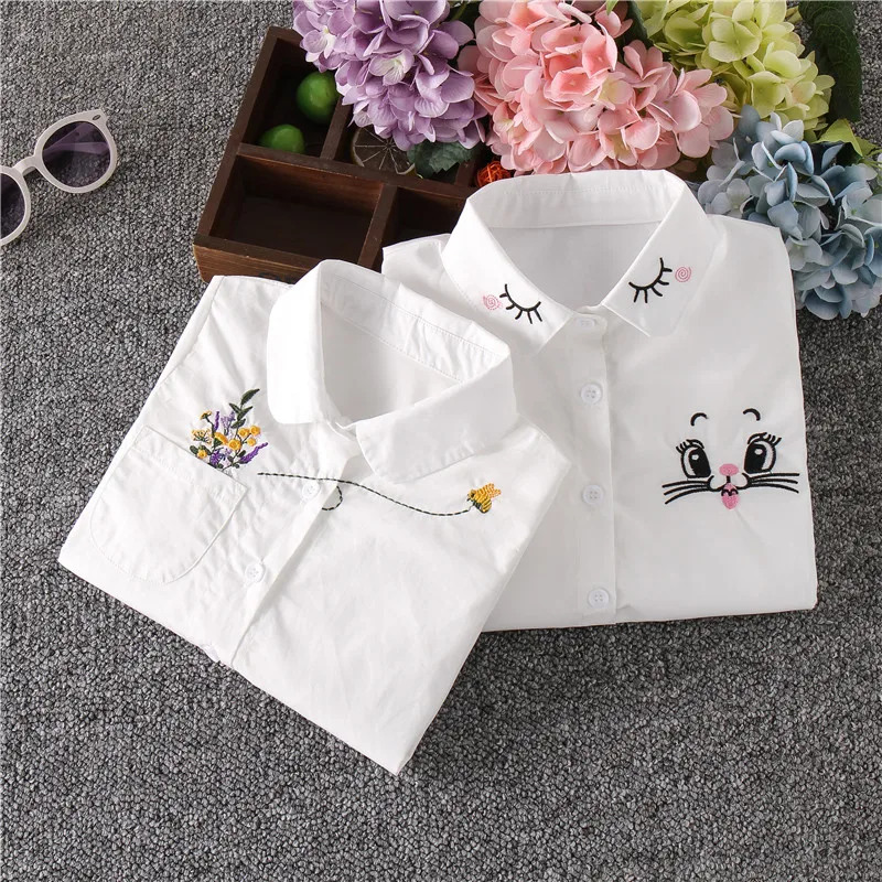 Girls White Blouse Fall Cute Long Sleeves Children Cartoon Shirts Girl Blouses Cat Teenager School Clothes Kids Top girl clothes