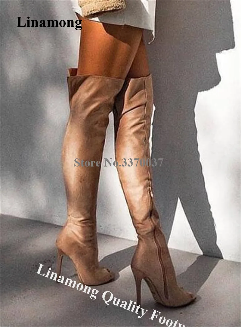 

New Fashion Women Peep Toe Suede Leather Stiletto Heel Over Knee Gladiator Boots Beige Slim Long High Heel Boots Dress Heels