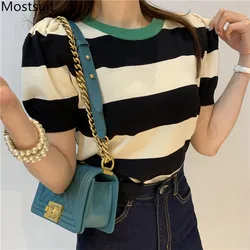 2022 Summer Korean Knitted Striped T Shirts Tops Women Short Sleeve O-neck Casual Fashion Female Tees Pullovers T-shirts