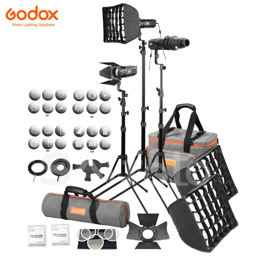 

3x Godox S30 Focusing LED Video Continuous Light Kit S30-D SA-P Projection Spotlight Softbox Stand Fill Lighting Photography Set