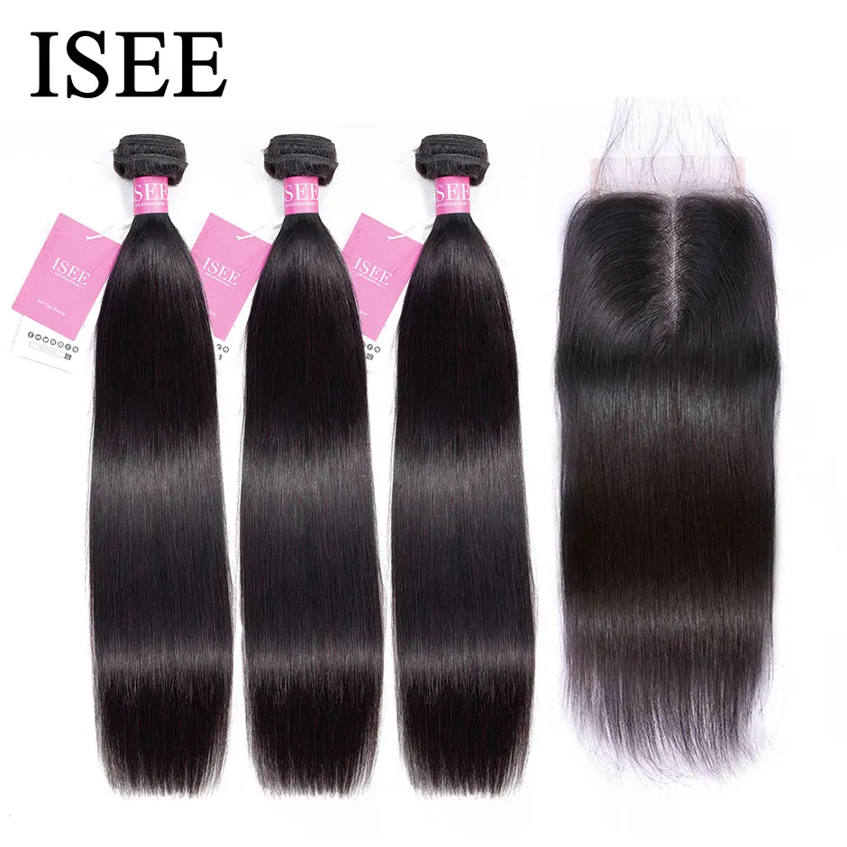 Straight Hair Bundles With Closure ISEE HAIR Remy Human Hair Bundles With Frontal Brazilian Hair Weave Bundles With Closure