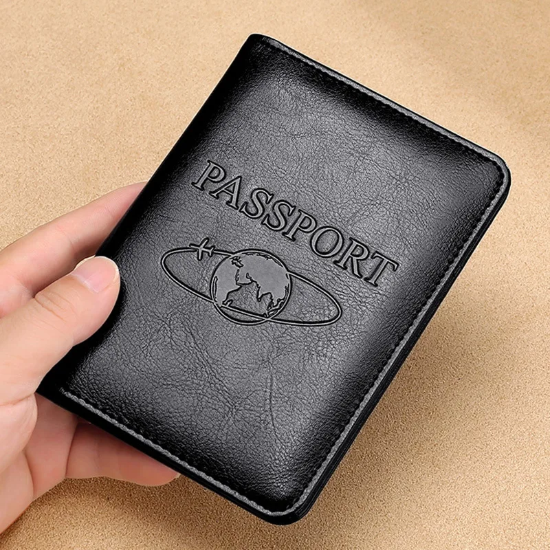 New RFID Blocking Second Layer Cow Leather Globe Embossed Pattern Driver License Case Passport Cover Air Ticket Card Holder Bag