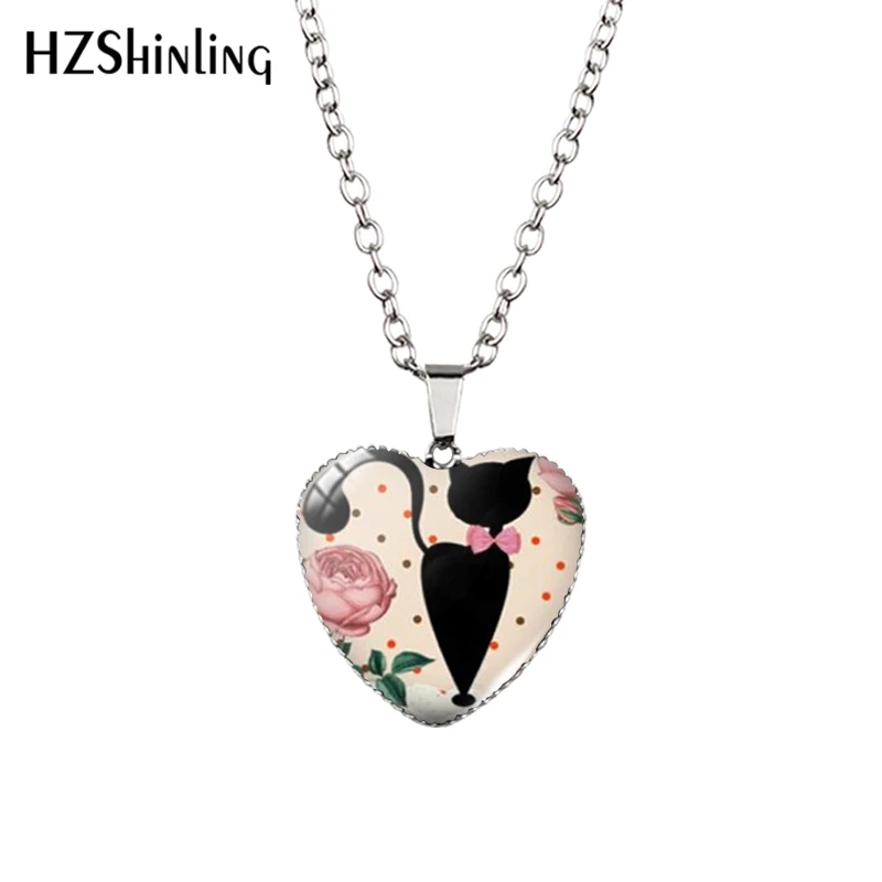 New Cat Silhouette Heart Necklace Black Cat Heart Pendant Siamese Cat Jewelry Murano Glass Heart Necklace HZ3