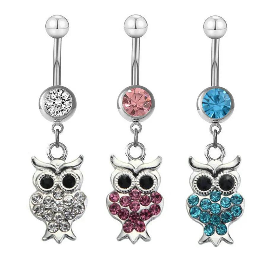 

20pcs/lot Cute Owl Pendant Belly Ring Surgical Steel Navel Bar for Woman Gift Piercing Ombligo Nombril Ferido