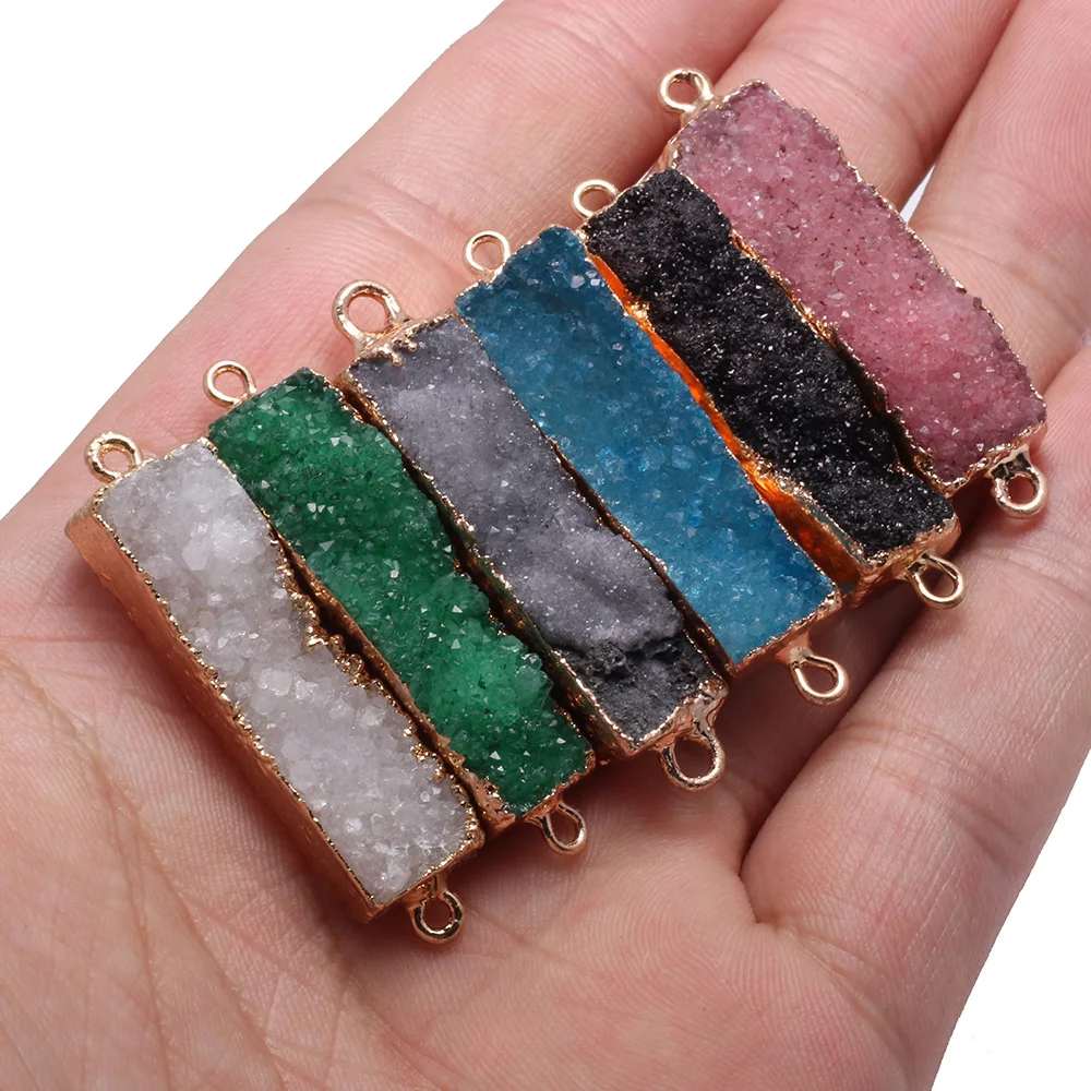 Natural Stone Agates Pendants Connectors Rectangular Multi-color Crystal Teeth Double Hole for Making DIY Necklace or Jewelry