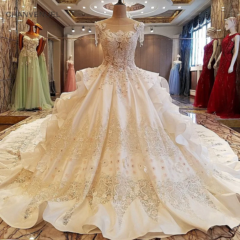 100% Real Photo Luxury Royal Wedding Dress Beaded Cap Sleeve Zip Up Back Ball Gown 1M 2M Train Bride Dresses Robe