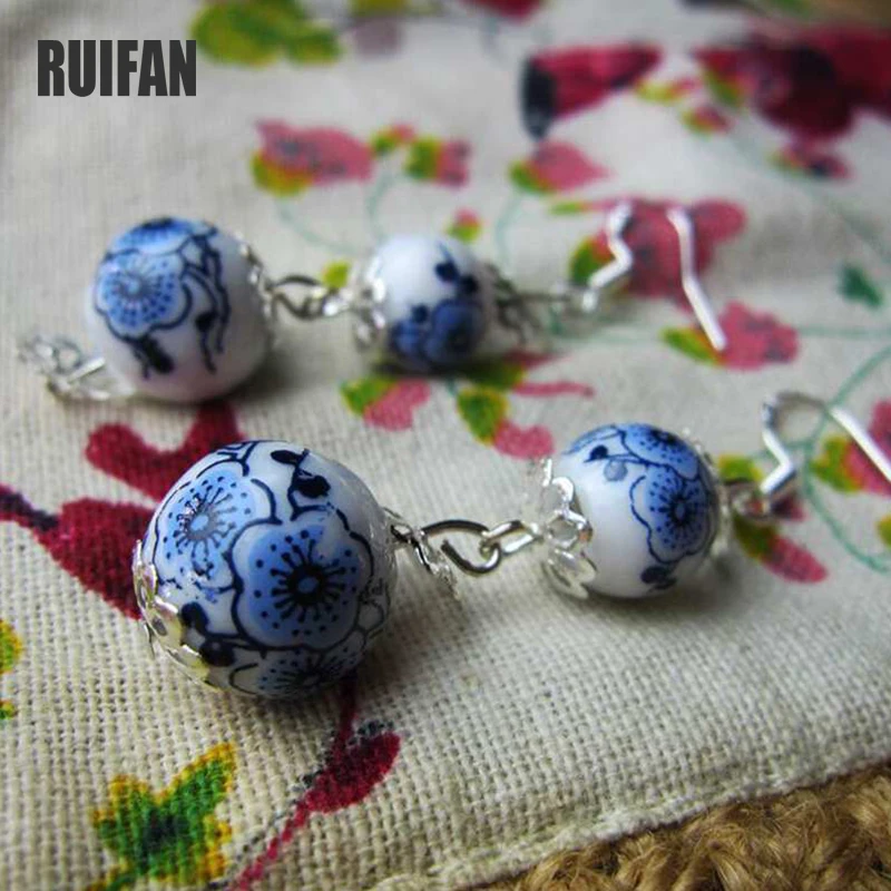 Ruifan Vintage Blue and White China Ceramic Earrings Beads Women Long Drop Dangle Handmade Hook Earring Jewelry 2021 YEA279