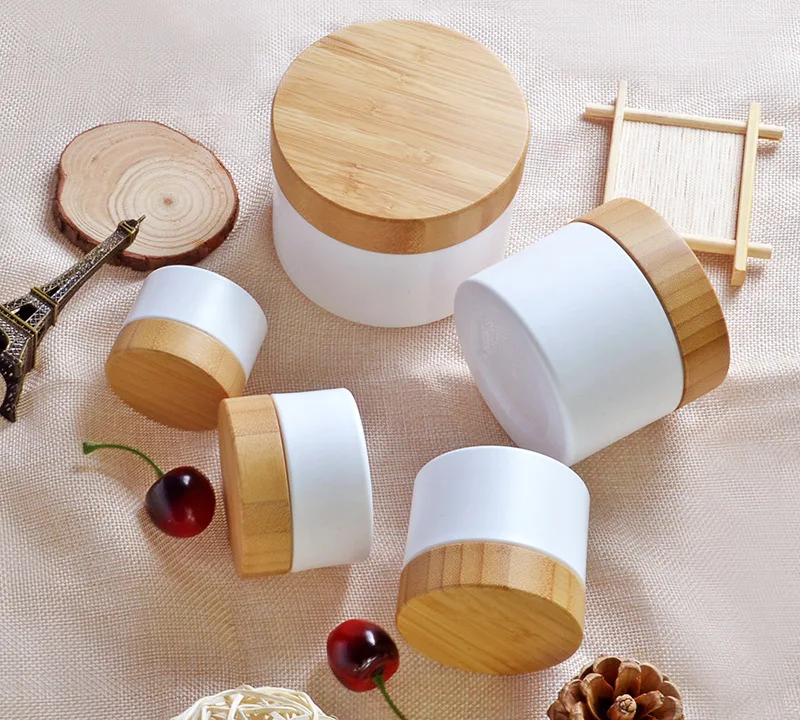 White Jar Bamboo Lid Bamboo Cosmetic Jar With Bamboo Lid Cosmetic White Luxury 30g 50g 100g PP Plastic Cream Jar With Bamboo Lid