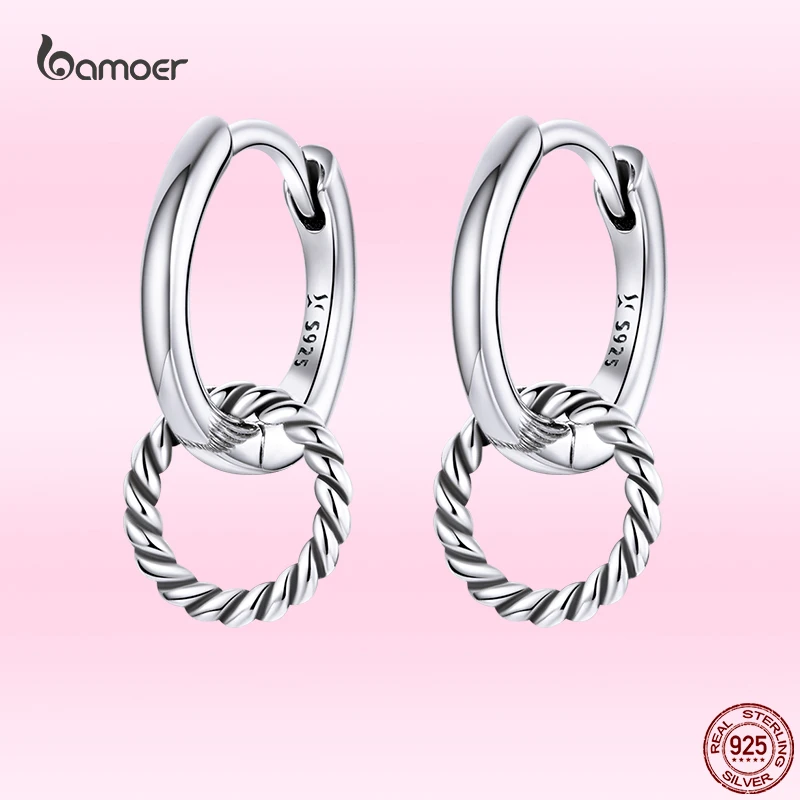 Bamoer 2021 Summer Simple Double Ring Ear Buckle Classic 925 Sterling Silver Ladies Earrings Elegant Birthday Jewelry GXE1199