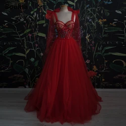 Booma vermelho querida tule vestidos de baile alças arco apliques a linha formal vestido de noite rendas até vestidos de festa de casamento personalizado