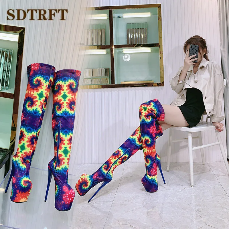 SDTRFT pole dancing 20cm thin heels Stiletto over the knee long boots platform women pumps ladies Elastic Fabric Side Zip shoes