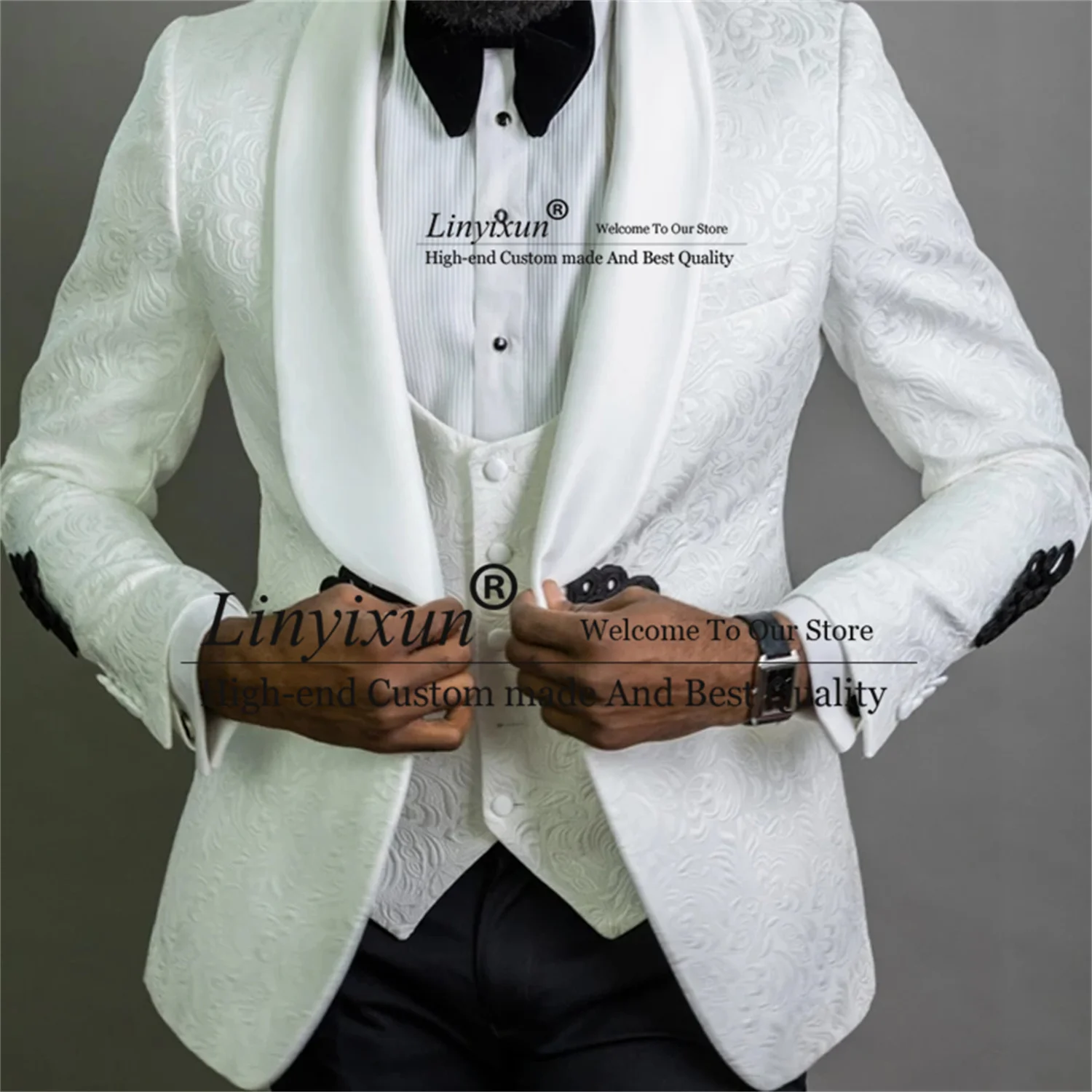 White Floral Jacquard Mens Suits Black Peaked Lapel 2 Pieces Sets Customized Groom Wedding Tuxedos Fashion Male Wedding Suit image 4
