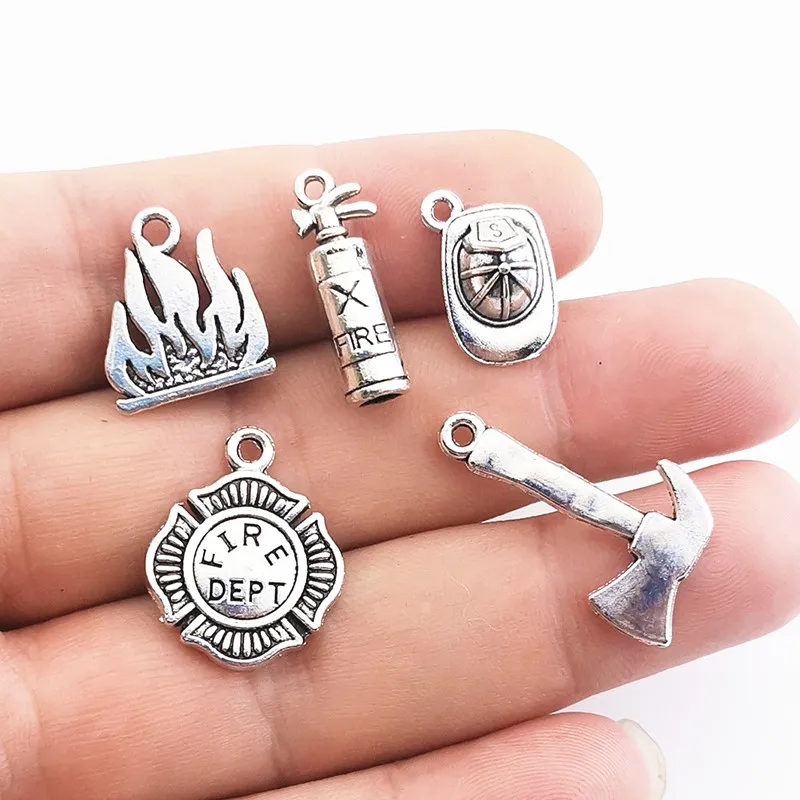 10pc Fireman Charms Fire Extinguisher Badge Fireman Hat axe ax Charms Tibetan Silver Pendants DIY jewelry Crafts Making Findings