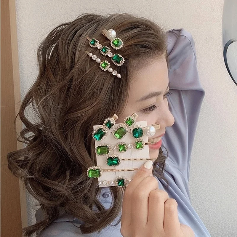 1 Set Fashion Crystal Hair Clips Jewelry For Women Hair Accessories Girls Luxury Pearl Geometric Barrettes Pins Christmas Gift