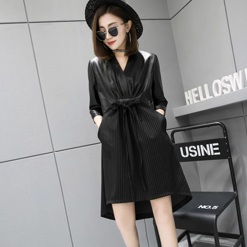 

Fashion New Women V Neck Patchwork Striped Dress Irregular Half Sleeve Sheepskin Genuine Leather Dress Ladies Lace Up Dresses