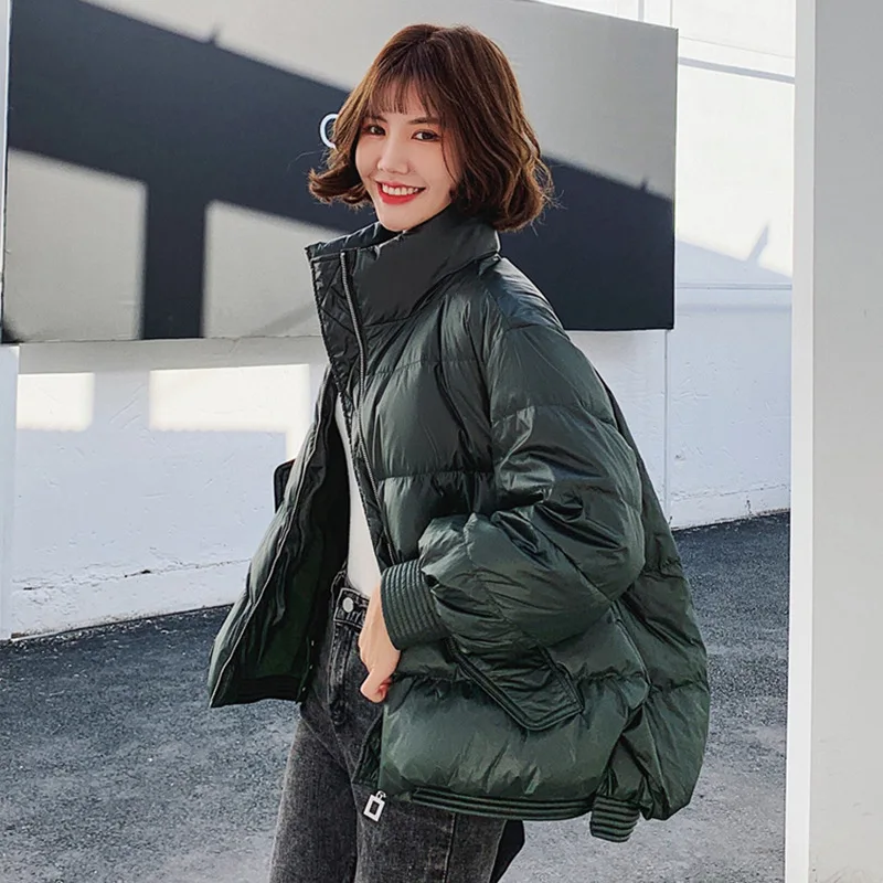 Winter Loose Stand Collar Puffer Jacket Women Short White Duck Down Padded Coats Office Lady Down Parkas Outerwear Female JK-887