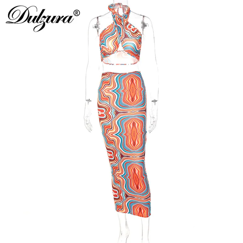 Dulzura Tie Dye Print Women 2 Pieces Halter Crop Top Tanks Midi Skirt Set Bodycon Sexy Streetwear Party Elegant Club 2021 Summer