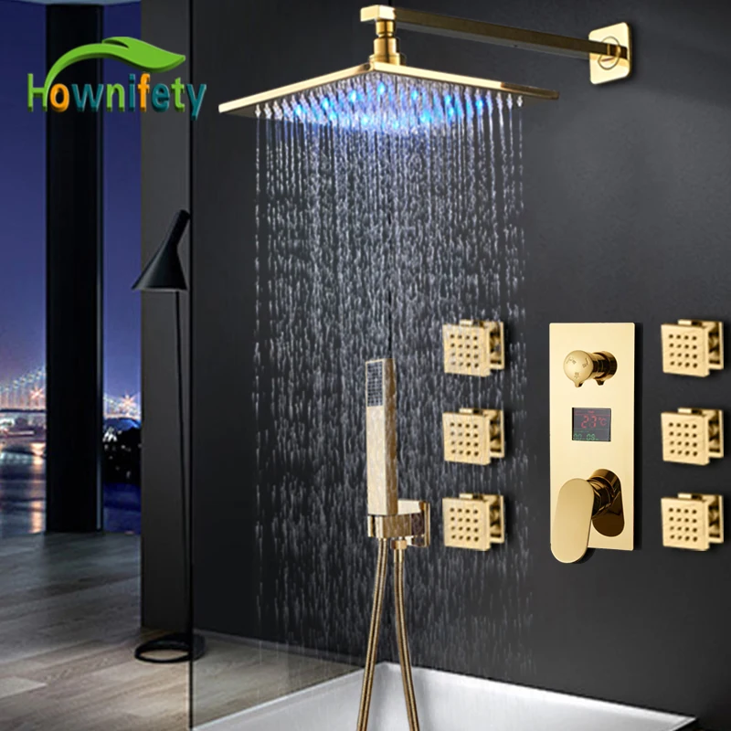 Luxury Gold LED Concealed Shower Set Hot Cold Mixer Value Brass Thick  Shower Head Two Type  Bathroom 3 Way Bath Faucet