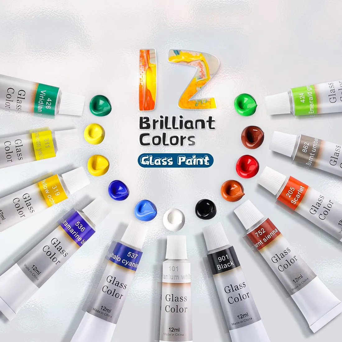 Glass Paint Set 12Colors 3 Brushes & 1 Palette Art Craft Paints for Artists Students Beginners & Painters，Art Supplies pigment