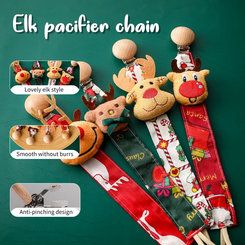 Baby Christmas Pacifier Chain Clip Cotton Cloth Plush Elk Nipple Holder Newborn Soothing Toys Christmas Gifts Teat Accessories