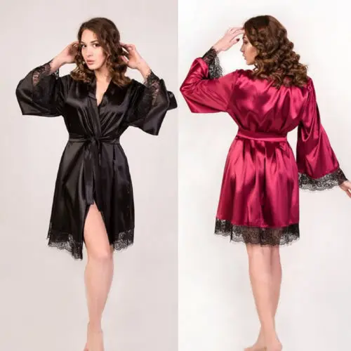 Womens Sexy Sleepwear Lace Long Bride Kimono Robe Satin Silk Night Dressing Gown