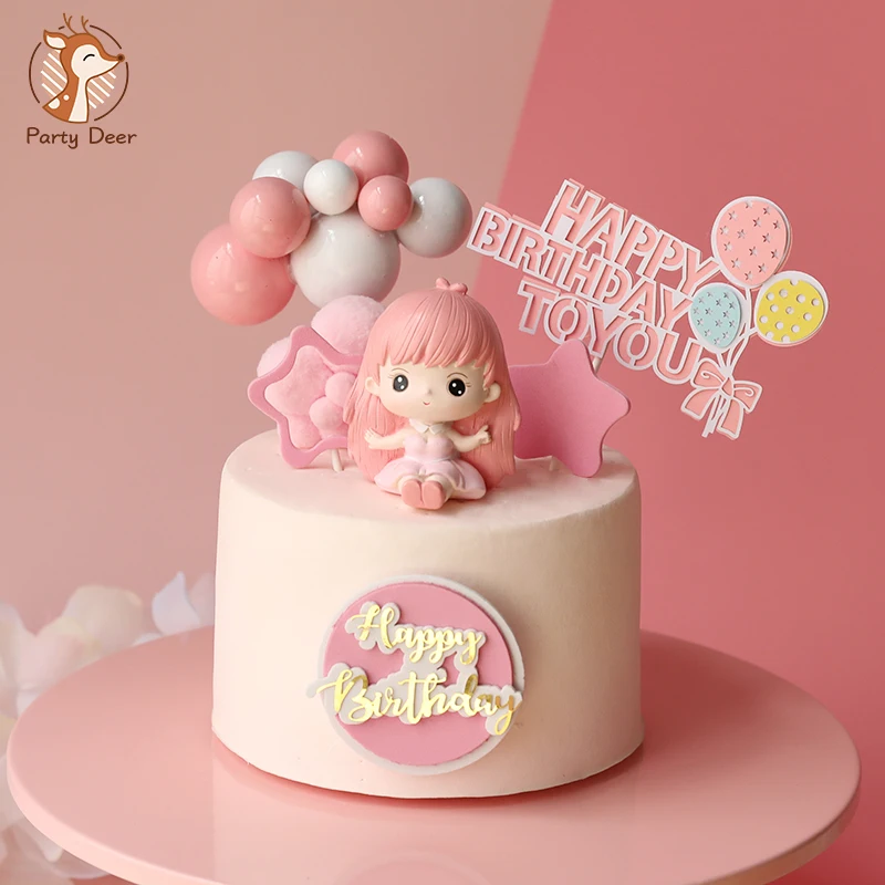 Pink Princess girl Decoration hot air balloon Wedding Party Supplies star Castle Happy Birthday Cake Topper Baking Love Gift