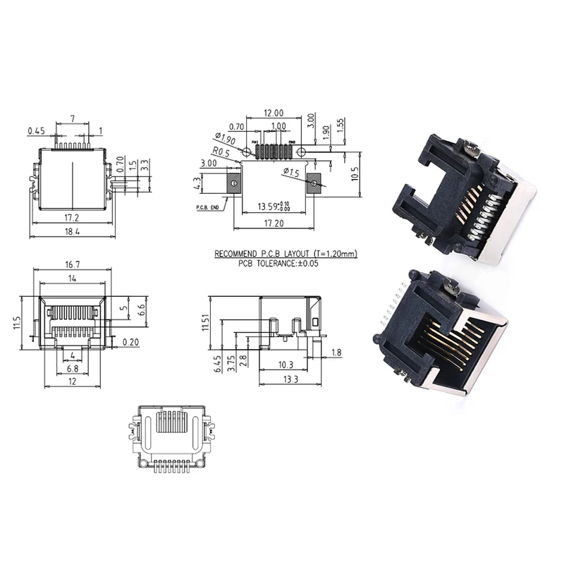 10Pcs/Lot RJ45 Socket 8 Pin Cable Interface Shielded Crystal Head Light Copper Shell Connector Female 8P8C SMT SMD