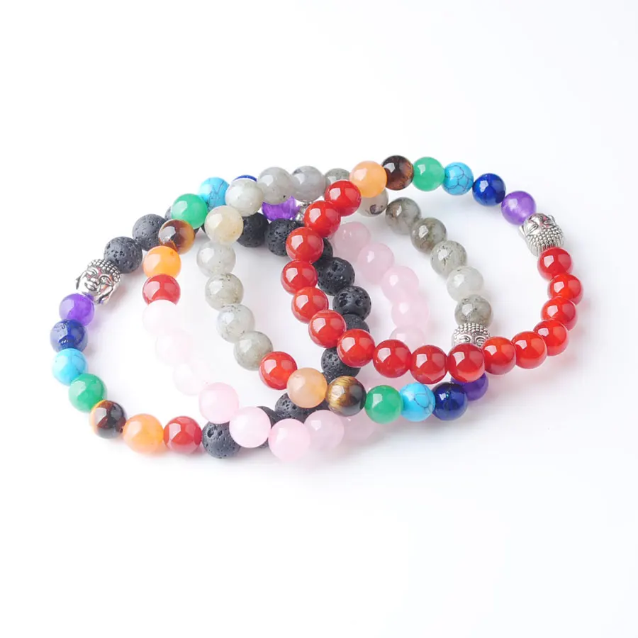 WOJIAER Natural Stones Buddha Beads Stretch Bracelets Healing Balance Meditation Rainbow 7 Chakra Reiki Homme BK325