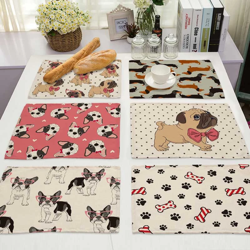 Pug Dog Pattern Cotton Linen Pad Dining Table Mats Coaster Bowl Cup Mat Pattern Kitchen Placemat 42*32cm Home Decor ML0020