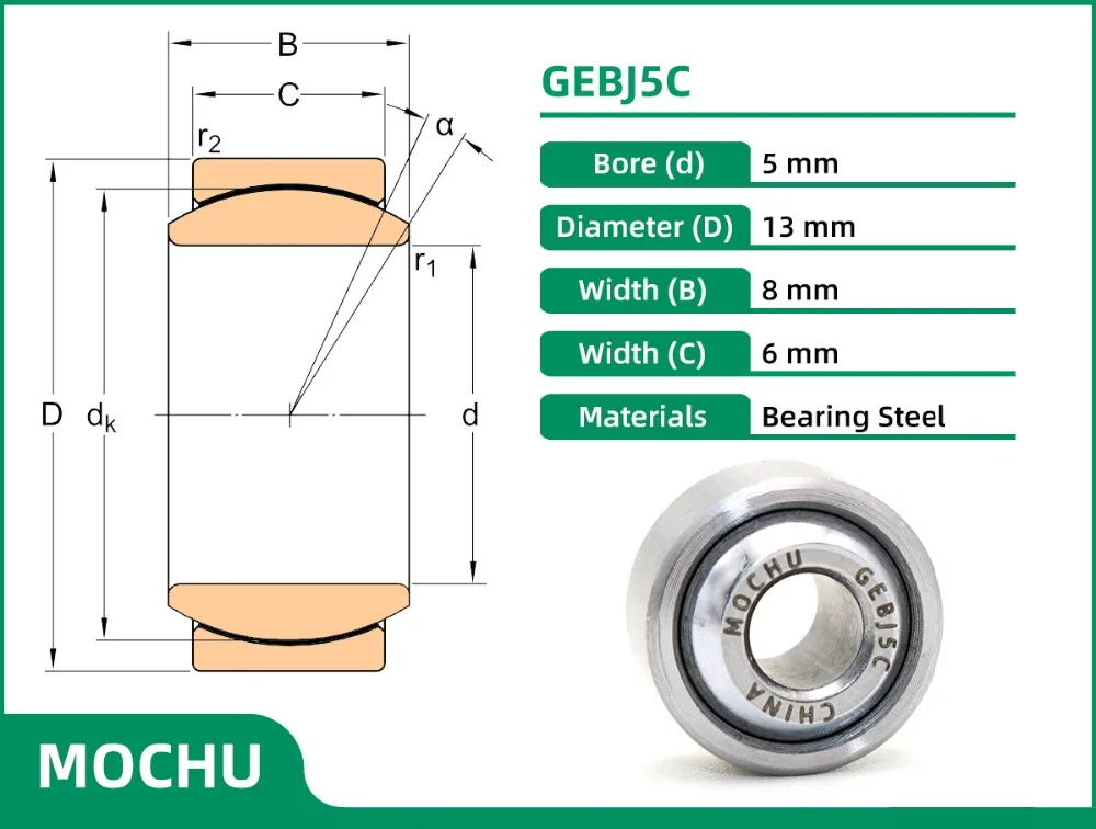 1 Stück GEBJ5C 5x13x8 5x13x8x6 GEBJ5 MOCHU Radiales Gelenklager Wartungsfrei Stahl-auf-PTFE – Detail 1